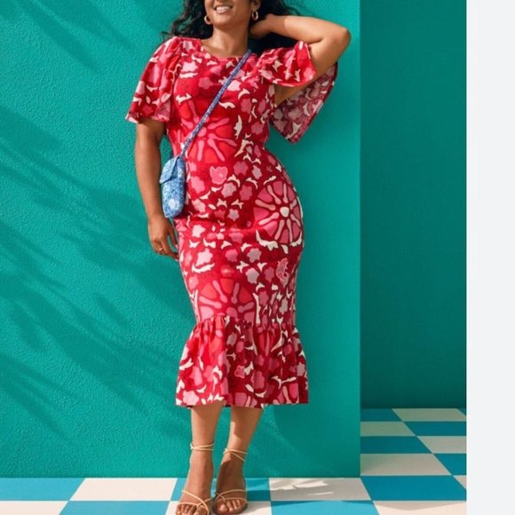 Rhode x Target Dress Womens 30 Red Zinnia Floral‎ Midi Bell Sleeve Ruffle Linen - Picture 1 of 15